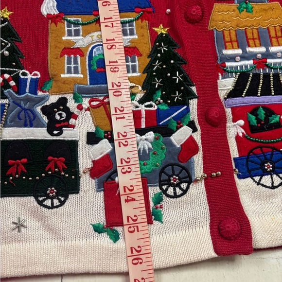 Vintage Christmas Cardigan Sweater North Pole Train Toys Ugly Side Medium Beaded - Picture 4 of 7